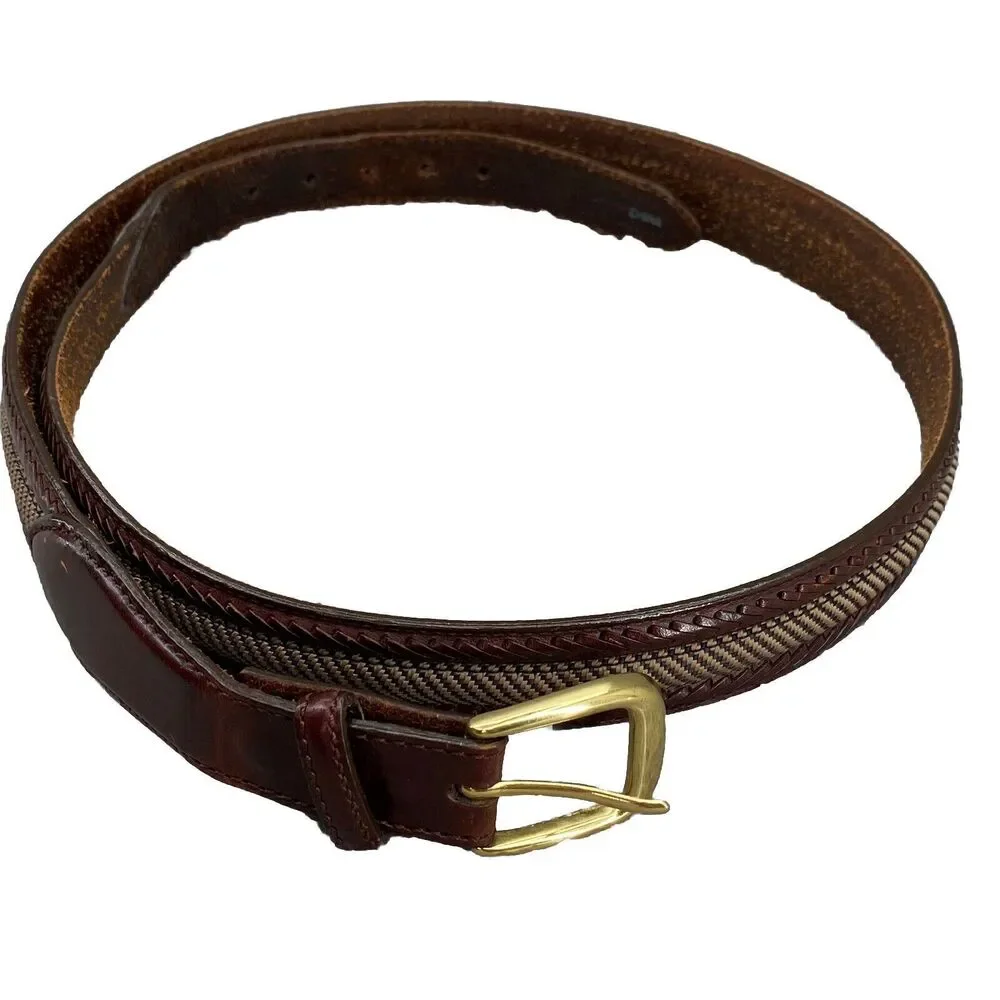 Brighton Leather Camden Canvas Belt Men Brown Size 42 Knit Brass Buckle Corpcore